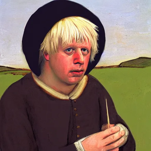 Prompt: boris johnson as a 1 2 th century peasant in england, painting, exhibited at british museum, oil on canvas, restored