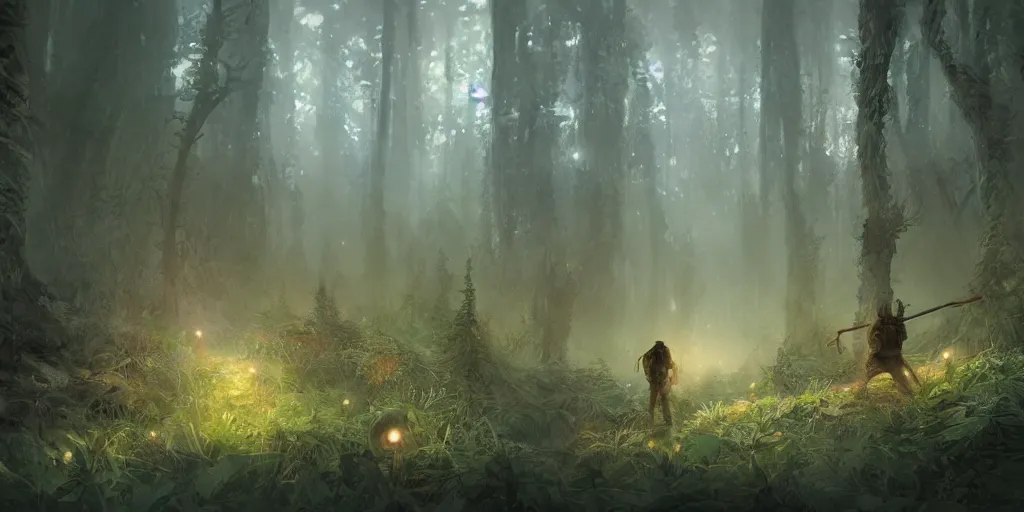 Prompt: forest people hunting in futuristic spiritual mystical post apocalyptic forest from snail on the slope, dim painterly volumetric aquatic lighting, beautiful, crisp, artstation, highly detailed