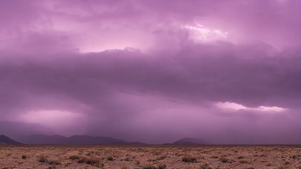 Prompt: a lone figure at the distance on soft glow pink desert with snow mountains and cloudy skies, purple fog, thunderstorms in the distance, long exposure, detailed, hyper realistic, photorealism, landscape, ultra wide angle view, peaceful, cinematic, volumetric lighting, god ray through clouds