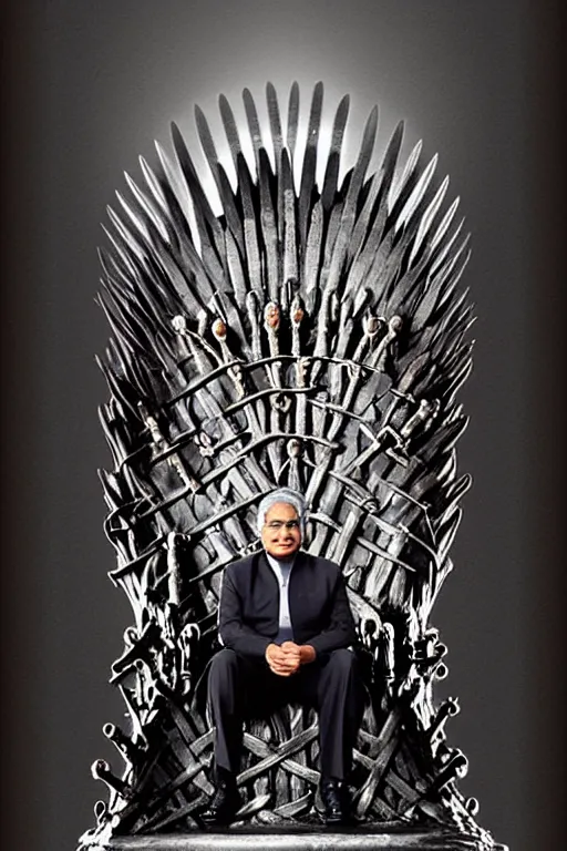 Prompt: Ranil Wickramasinghe sitting on the iron throne, digital art, dark color scheme