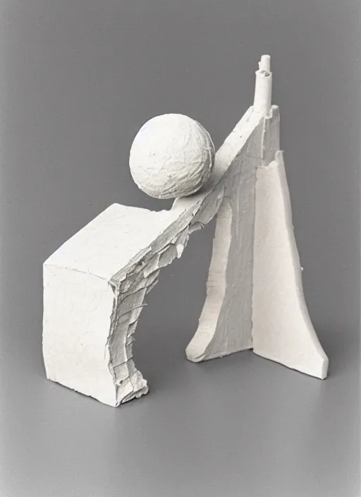 Image similar to realistic photo of a a wooden astronomy archeology chemistry scientific appliance model equipment gadget object made of wooden constructor, a fragment is made of white clay, fragments made of white fur, background is grey monochrome 1 9 9 0, life magazine reportage photo, natural colors, metropolitan museum collection