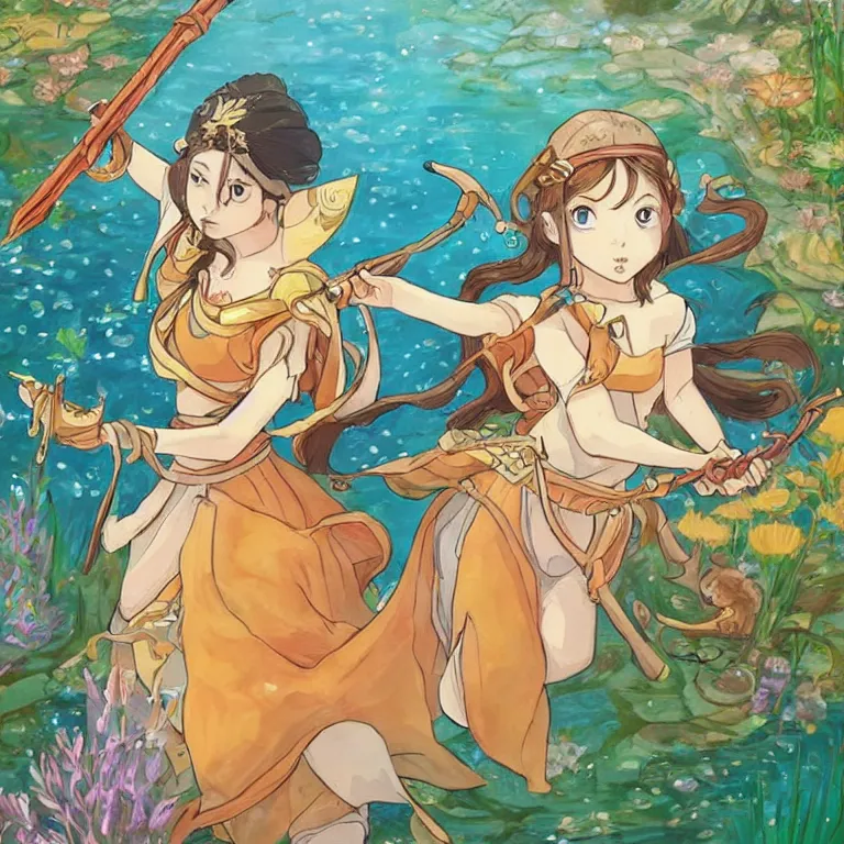 Prompt: young goddess, realistic proportions, beautiful face, in goldfish armor, wielding a fish sword, symmetrical, highly detailed painting in the style of studio ghibli