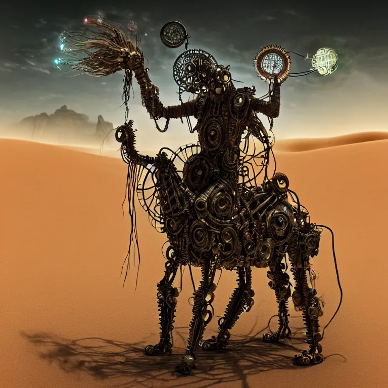 Prompt: A techno-magical shaman performs a ritual to resurrect a mechanical horse in a steely ancient ruin covered in dunes of sand. Masterpiece, fantasy art, future, cinematic, hyperdetailed, sigil, photorealistic, cyberpunk, postapocalyptic, steampunk, hyperrealism, octane rendering, 8k, depth of field, bokeh, shadows, art by Zdzisław Beksiński