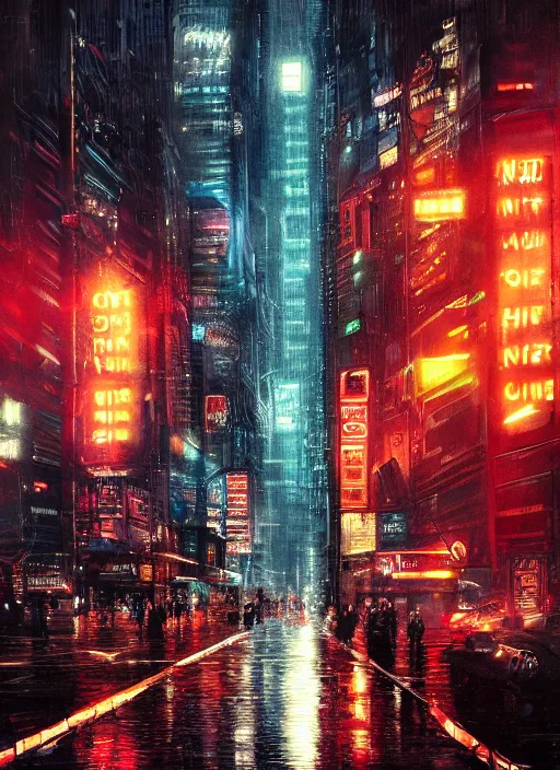 Prompt: blade runner city at night, a thousand lights, neon signs, rainy, detailed painting, 4 k, hd, realistic, digital painting, artstation, by, paul bonner, aarons slim