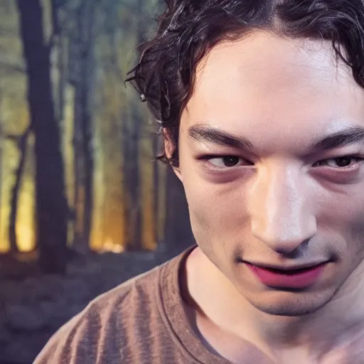 Prompt: terrifying ezra miller as flash forest scenery, full moon, illuminated lighting, highly detailed, 4 k