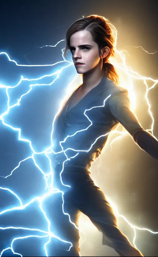 Prompt: Emma Watson casting an electricity spell. Digital art trending on artstation. 4k. Tyndall effect.