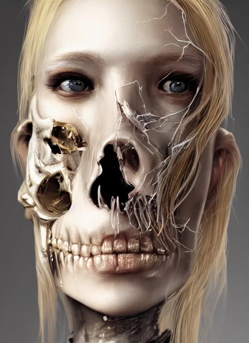 Image similar to A fancy portrait of Blonde girl half endoskeleton torn skin metallic skull by Greg Rutkowski, Sung Choi, Mitchell Mohrhauser, Maciej Kuciara, Johnson Ting, Maxim Verehin, Peter Konig, Bloodborne, 8k photorealistic, cinematic lighting, HD, high details, dramatic, atmospheric , trending on artstation