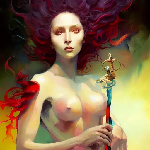 Prompt: a painting of a woman who made of curly red edges silk is holding a sword, a digital painting by peter mohrbacher, trending on artstation, metaphysical painting, speedpainting, made of feathers, digital painting, holographic undertones, highly saturated colors, 4 k, digital art, concept art, trending on artstation