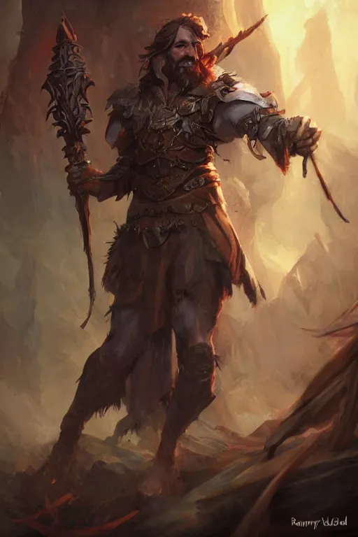 Prompt: Gruff human cleric painted by Raymond Swanland