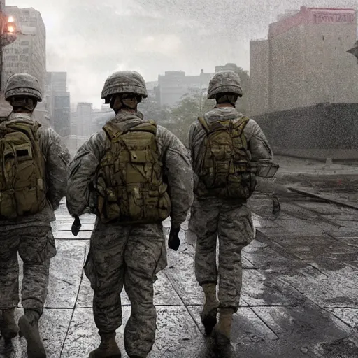 Prompt: squad of us military soldiers walk through ruined city in the rain, digital art, trending on artstation, volumetric lighting, dramatic, 4k