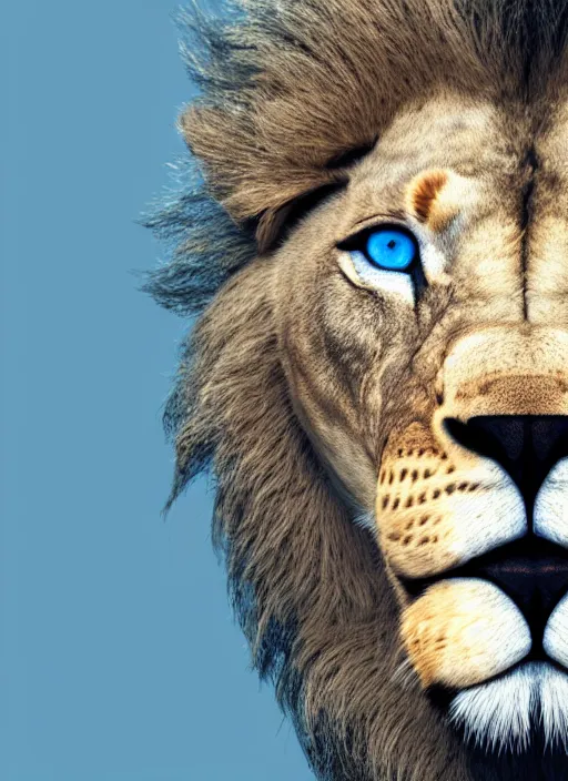 Image similar to a close up of a lion's face with blue eyes, an album cover by jacob toorenvliet, featured on behance, cubo - futurism, rendered in cinema 4 d, sketchfab, rendered in maya