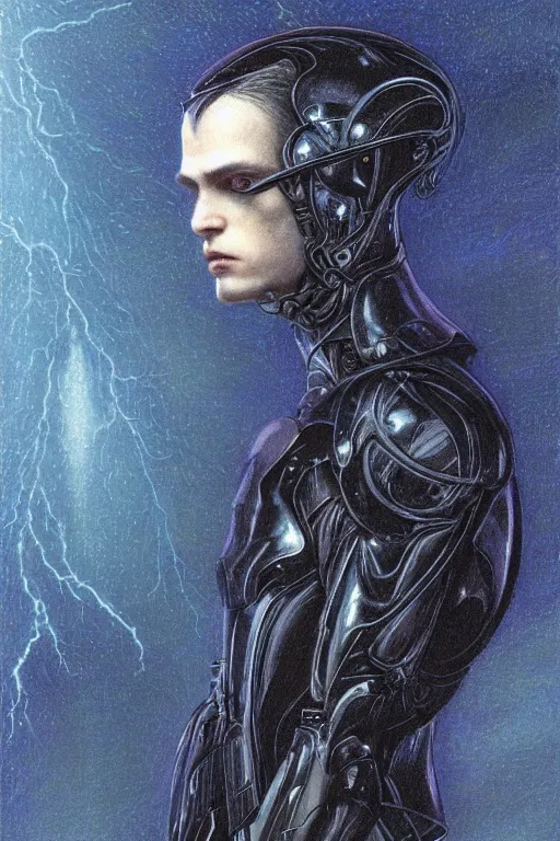 Prompt: portrait of beautiful gothic and futuristic young man, more thunderstorm, cyber armor, a lot of scars,, blue head, the middle ages, highly detailed, artstation, illustration, art by jean delville, 8 k quality, art by greg gandy