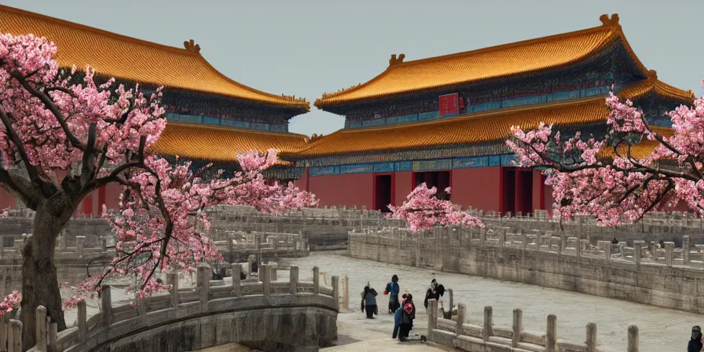 Image similar to spring in the forbidden city, peach blossom, prometheus film style, realistic, cinematic, trending on artstation, 8 k,