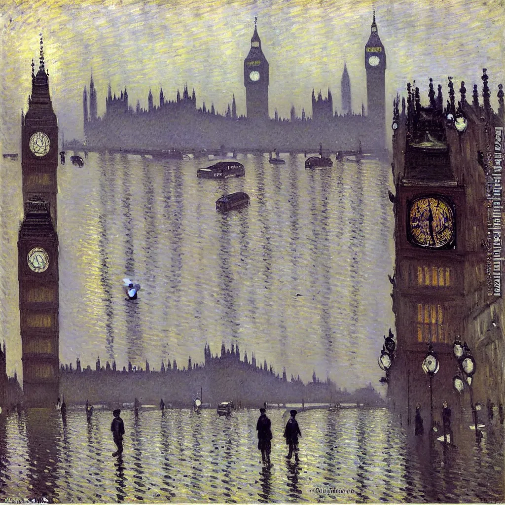 Image similar to gustave caillebotte painting of london in sunny rainy day, big ben