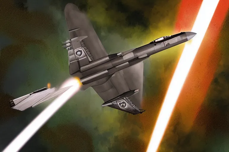 Prompt: dieselpunk digital illustration of a rocket fighter breaking the sound barrier low across a tropical rainforest