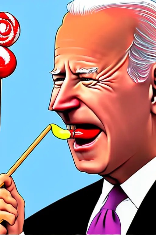 Prompt: joe biden licking a lollipop, political cartoon, hyper realistic