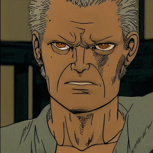 Prompt: Batou looking at camera in the style Ghost in the shell. Moebius, cyberpunk, masterpiece
