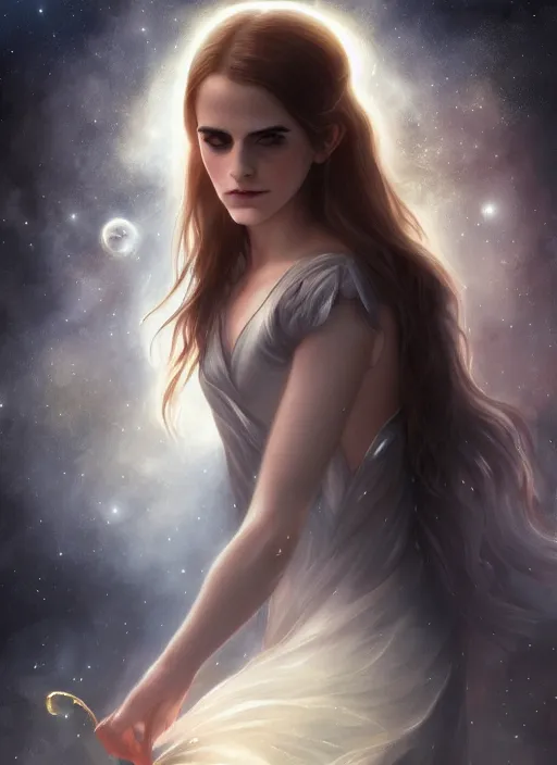 Image similar to emma watson as magic healer celestial, long hair, black and transparent cloth, space, D&D, shiny background, intricate, elegant, highly detailed, digital painting, artstation, concept art, smooth, sharp focus, illustration, artgerm, bouguereau