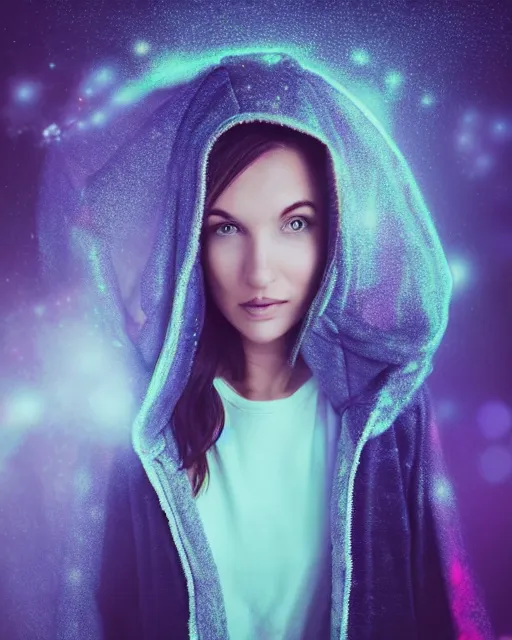 Image similar to a closeup portrait of as beautiful young woman wearing a transparent hoody standing in the middle of a busy night road, misty with lots of bright neon lights on the background, very backlit, moody feel, dramatic