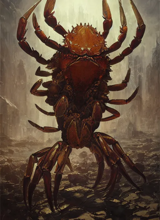 Prompt: Oil painting of a crab monster, portrait, D&D, Magic The Gathering, by Craig Mullins, Nekro, Victo Ngai, centered, symmetrical, 8k, sharp focus