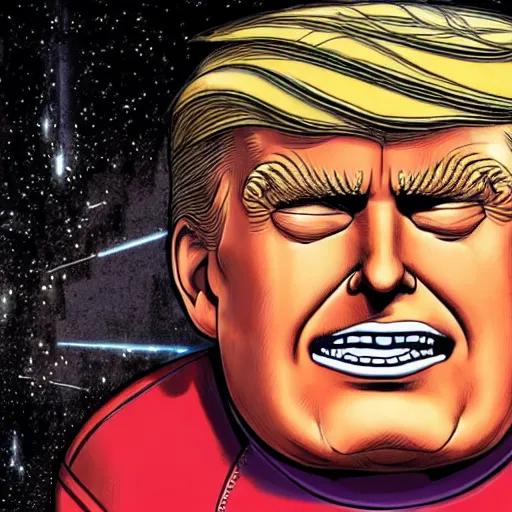 Prompt: donald trump's head as modok, the mental organism designed only for killing, little man in hovering throne, full body, psychic alien with huge head, marvel supervillain character