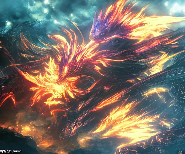 Image similar to neo tokyo, high fantasy, final fantasy, concept art, video game, phoenix flames