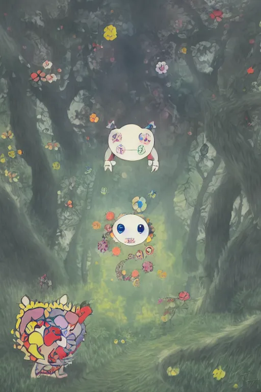 Image similar to A cute little monster in a misty forest art style by Takashi Murakami, 4k, 8k