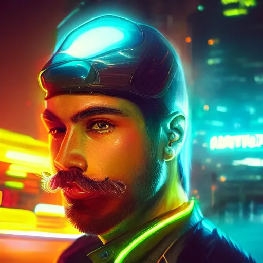 Image similar to a beautiful commission portrait of a male mustache canary wearing a neon jacket, futuristic, detailed face, cyberpunk city, deviantart, artstation, art by greg rutkowski, ross tran, professional lighting, neon city, night, raytracing, highly realistic,4k,dramatic,hyperrealism