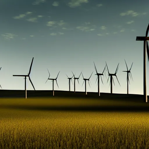 Image similar to A row of giant windmills in a field at midnight, octane render, volumetric lighting, 4K, cinematic