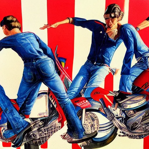 Image similar to photorealistic picture, by bob peak and alex ross, moto gp ads in 1 9 9 0 s, gouache and wash paints, fine details, fine intricate, fine facial proportionate, fine body proportionate, fine fix broken line, fine fix duplicate line, smooth sharp focus, sharp focus