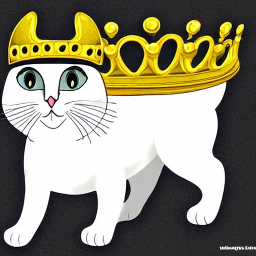 Image similar to a cartoon art of a white cat wearing a golden crown and black goggles