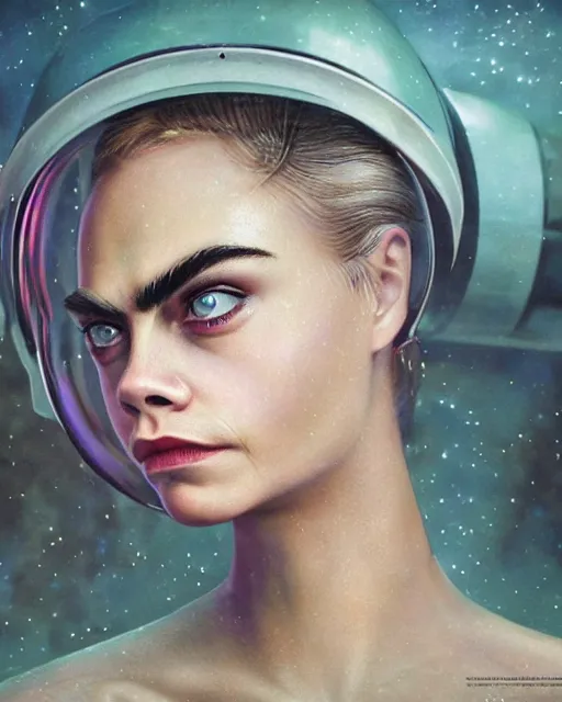 Image similar to closeup face profile portrait of cara delevingne as a soviet chernobyl space toy, bikini, depth of field, zeiss lens, detailed and intricate environment, fashion photoshoot by nicoletta ceccoli, mark ryden, lostfish, breathtaking, 8 k resolution, artistic, hyperrealistic, octane render