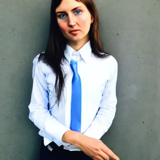 Image similar to a girl with blue eyes is wearing a tie and a white shirt