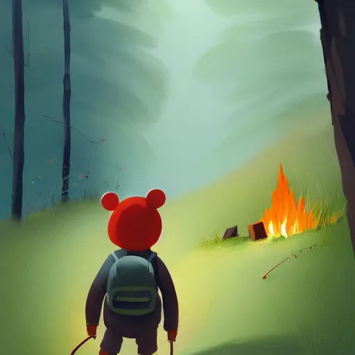 Image similar to goro fujita ilustration hiker around a fire in the woods, painting by goro fujita, sharp focus, highly detailed, artstation