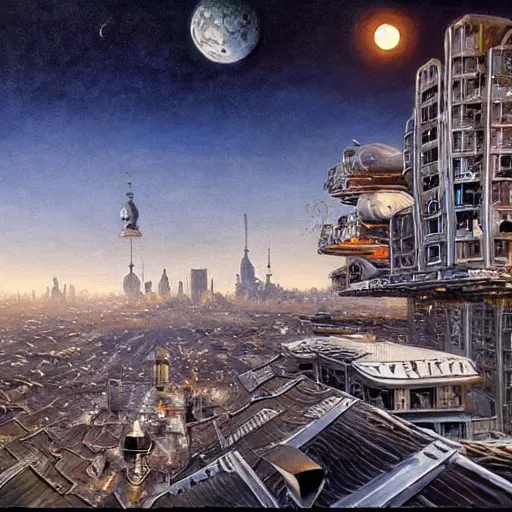 Prompt: an intricate, detailed painting of a rooftop in the futuristic city that has many aerials and structures on top with a huge, realistic moon in the background, dramatic lighting, 4k, trending on artstation, by John Berkey