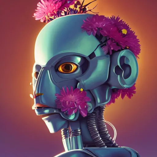 Prompt: a robot head with flowers coming out of the top, minimalist, behance hd by jesper ejsing, by rhads, makoto shinkai and lois van baarle, ilya kuvshinov, rossdraws global illumination