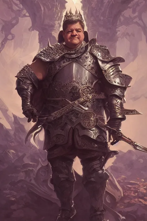 Image similar to patton oswalt as a knight, in his 5 0 s, fantasy, intricate, elegant, highly detailed, digital painting, artstation, concept art, matte, sharp focus, illustration, art by artgerm and greg rutkowski and alphonse mucha