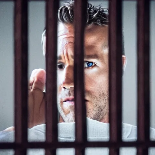 Prompt: photo of Ryan Reynolds in jail, looking sad, highly detailed, high quality, HD, 4k, 8k, Canon 300mm, professional photographer, 40mp, lifelike, top-rated, award winning, realistic, sharp, no blur, edited, corrected, trending