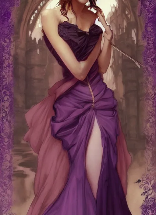 Prompt: emma watson at hogwarts!! at the yule ball wearing revealing elegant pink and purple dress. beautiful detailed face. by artgerm and greg rutkowski and alphonse mucha