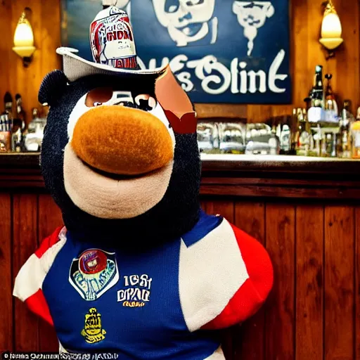 Image similar to Bullseye mascot Bully sitting at the bar of an English pub with a half drunk pint of ale. He looks sad and dejected by carravagio dramatic light