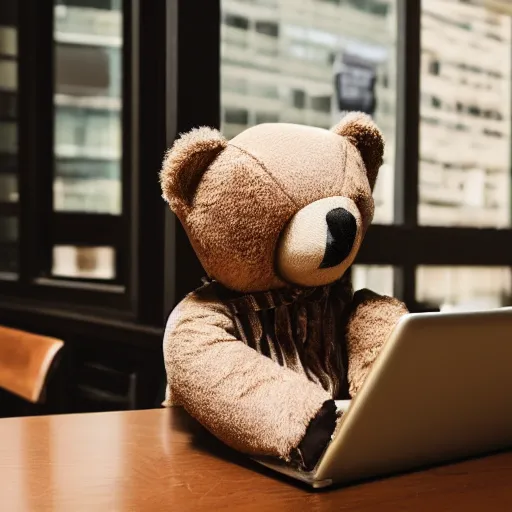 Prompt: teddy bear sitting in a cafe using a laptop, city streets in window, cinematic, highly detailed