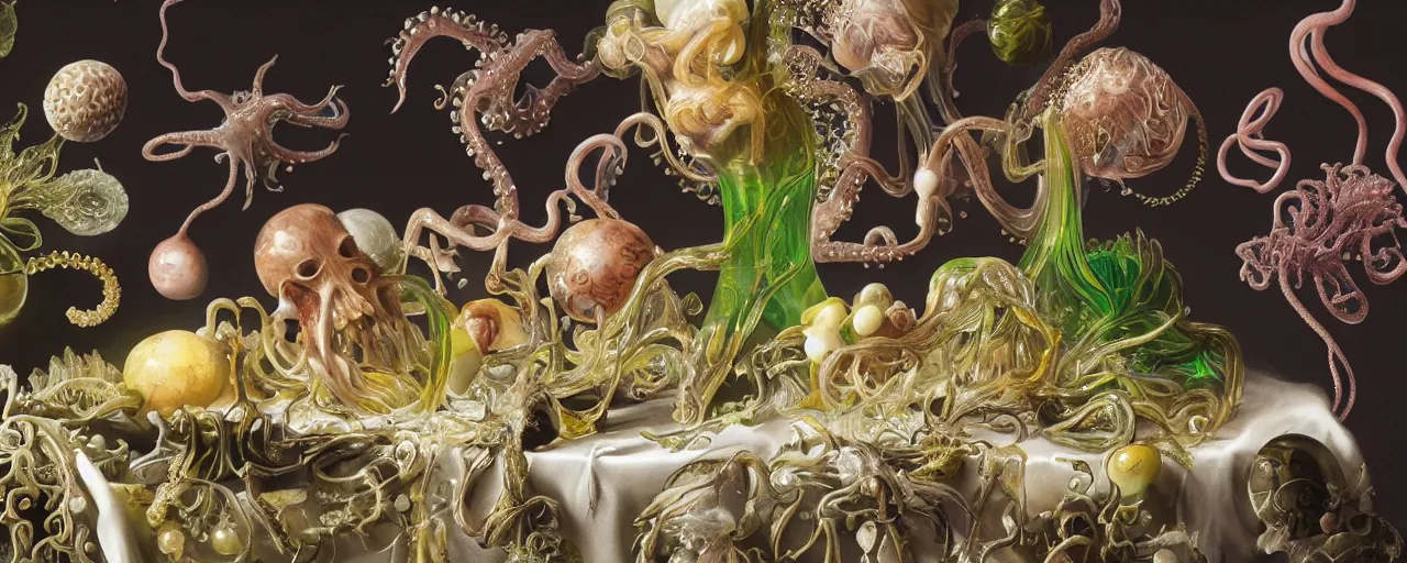 Image similar to ultradetailed reailistic still life with jelly flowers by ernst haeckel, caravaggio, roger dean and andrei tarkovsky, slime and tentacles, wide angle, cinematic, octane render, bokeh, unreal engine, 4k 3d render