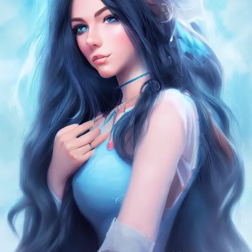 Image similar to portrait of a majestic princess with long black hair and blue eyes, digital art, 4k, artstation