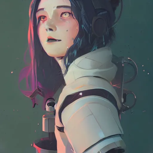 Image similar to Highly detailed portrait of a cyberpunk young lady with, freckles and wavy hair by Atey Ghailan, by Loish, by Bryan Lee O'Malley, by Cliff Chiang, by Greg Rutkowski, inspired by image comics, inspired by graphic novel cover art, inspired by nier!! Gradient color scheme ((grafitti tag brick wall background)), trending on artstation