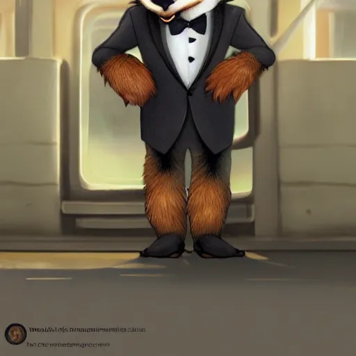 Image similar to anthropomorphic furry badger wearing a tuxedo at a train station , Artstation