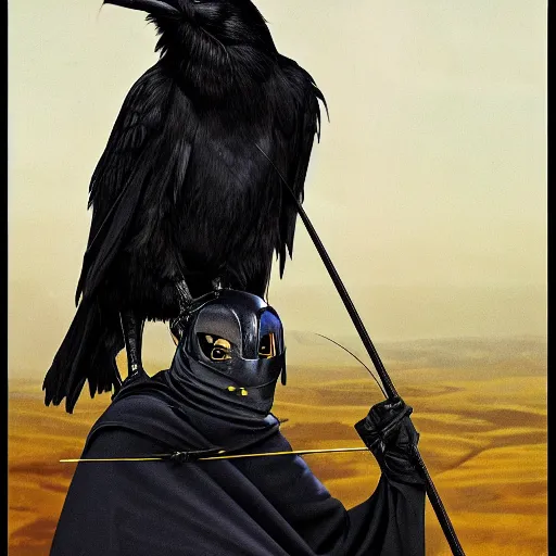 Image similar to portrait of a raven species humanoid rogue archer. he is wearing a vantablack cloak and is looking valiant. portrait hung up in a windows 9 8 castle. r / oldschoolfantasy