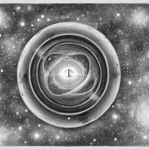 Image similar to armored battle tank with dao yin - yang symbol, detailed pencil drawing, background deep space with galaxies