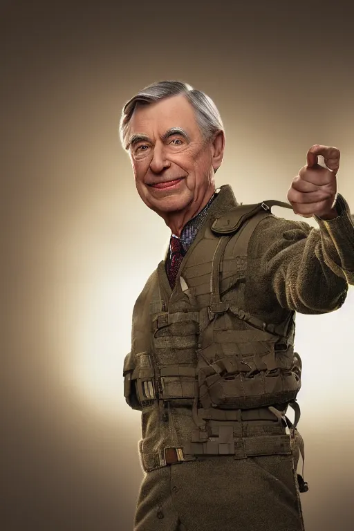 Image similar to mr. rogers in military gear looking tough and threatening, intricate, hyper detailed, accent lighting, dramatic light, 4 k octane render