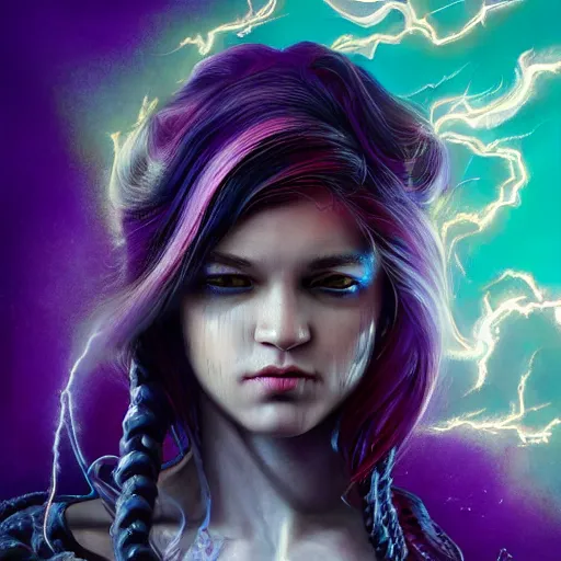 Image similar to detailed photo portrait of a furious teen girl with thin, hair-like purple tentacles on her head and bright purple eyes, 8k,by tristan eaton, Stanley Artgermm,Tom Bagshaw,Greg Rutkowski,Carne Griffiths,trending on DeviantArt, face enhance,hyper detailed ,full of colour, dramatic lightning