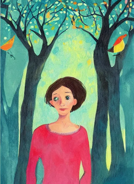 Image similar to a wonderful childrens illustration book portrait painting of a woman, art by tracie grimwood, colorful, trees, leaves, birds, whimsical, aesthetically pleasing and harmonious natural colors